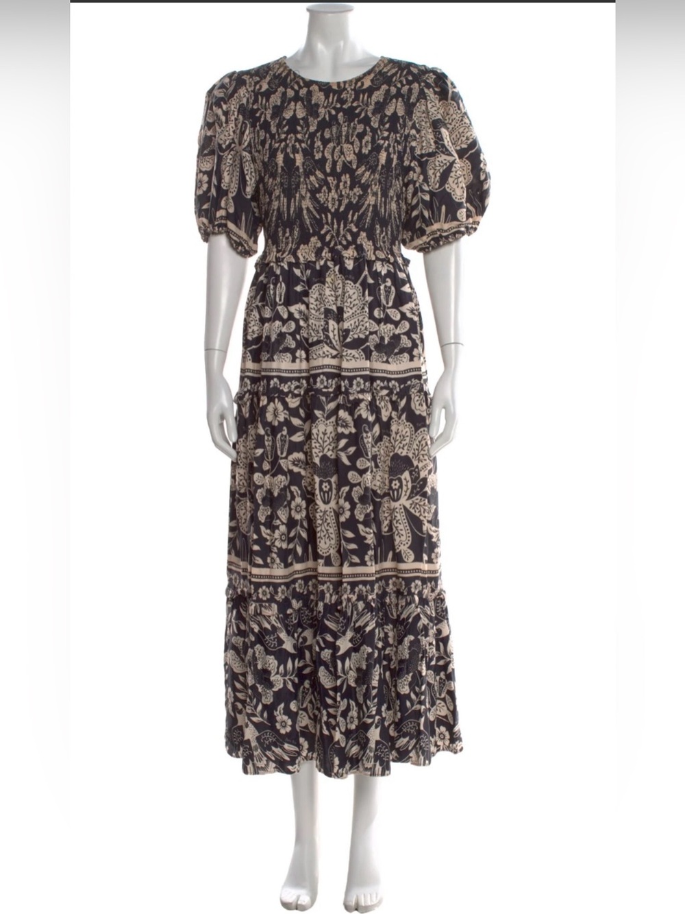 Farm Rio Women's Black and Cream Floral Puff-Sleeve Midi Dress